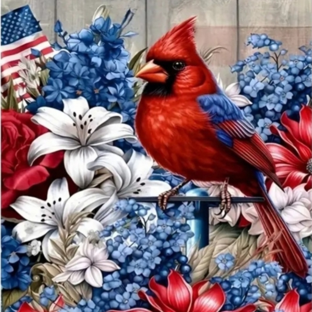 11.8x15.7 DIY DiamondArt Kit Vibrant Cardinal With Red, White, and Blue Flowers
